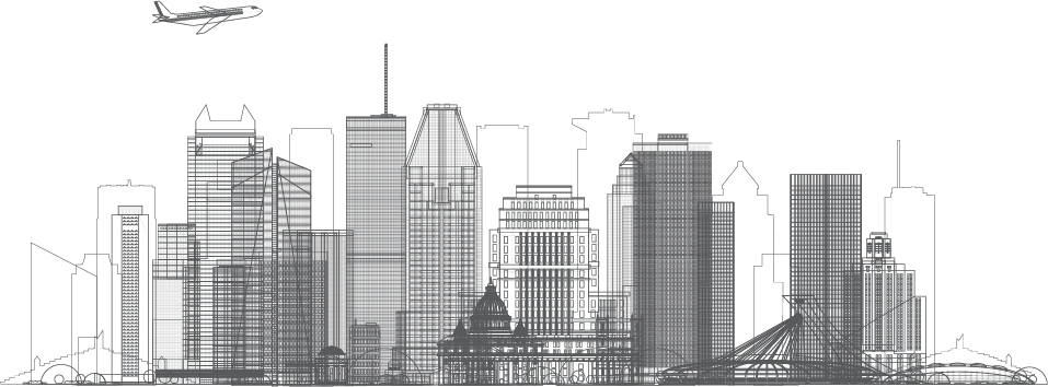 Desenho da cidade de Montreal - Canadá representando diversos prédios marcantes da cidade